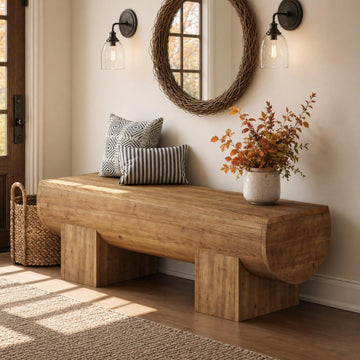 47 Inch Wooden Entryway Bench, Solid Wood End of Bed Bench Seat, Farmhouse Indoor Bench, Brown