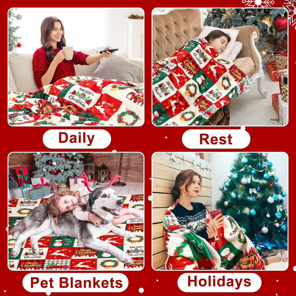 Christmas Throw Blanket Red Green Plaid Snowman Tree Couch Bed Covers