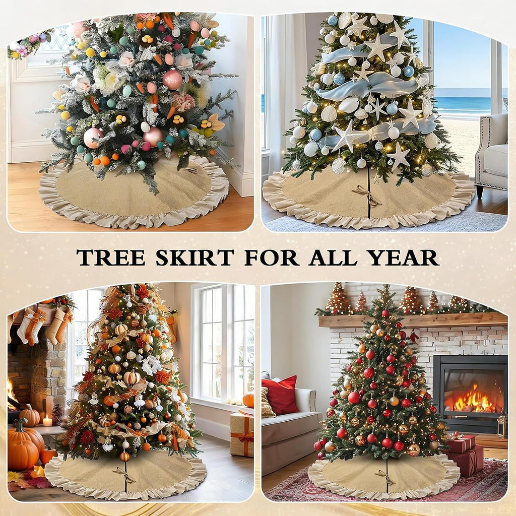Fall Burlap Tree Skirt with Ruffle, 48 inch Linen Christmas Tree Decoration