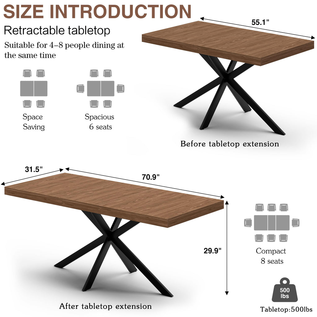 Dining Room Table for 4 6 8, 55"-70" Kitchen Table Leaf, Walnut