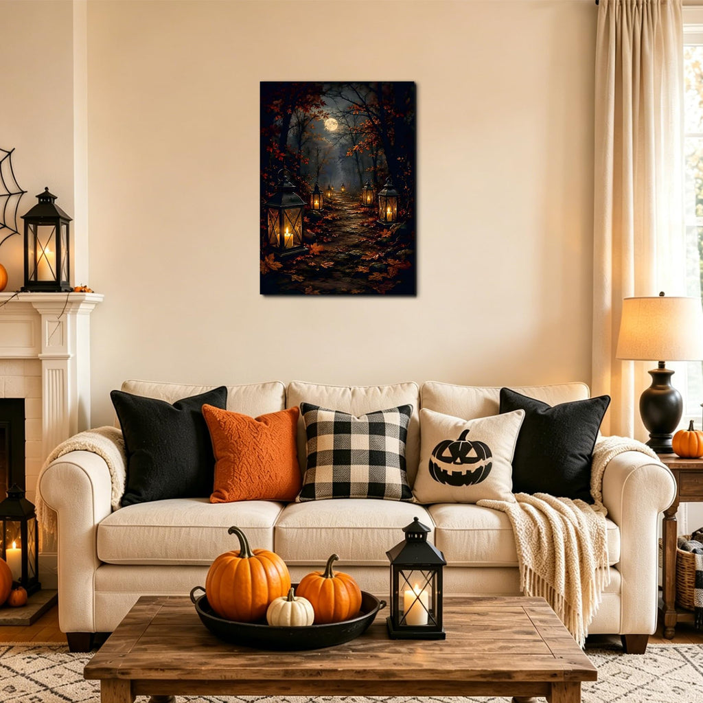 Mystical Forest Framed Canvas Wall Art, Moonlit Path and Glowing Lantern Pictures, Fall Woodland Artwork Bedroom
