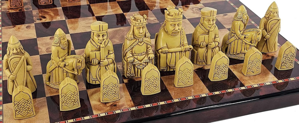 Large Rust and Antique White Isle of Lewis Medieval Times Chess Men Set with 3 1/4 inch King and 18 inch Cherry Color