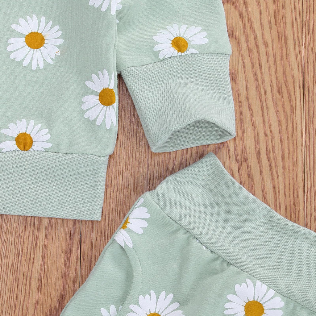 3Pcs Baby Girl Outfits Daisy Sweatshirt + Pants + Headband Infant Fall Winter Clothes Green