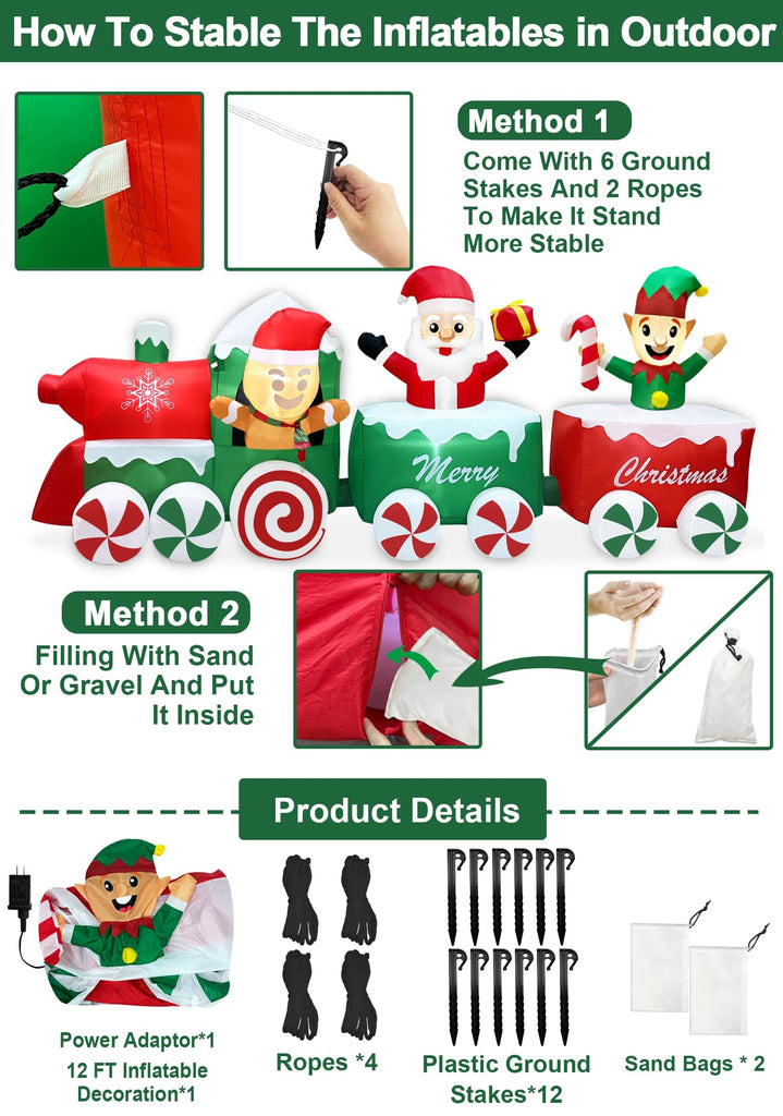 Extra Long 12 Ft Christmas Inflatables Train with Santa Claus Gingerbread Man Elf Blow Up Inflatable Outdoor