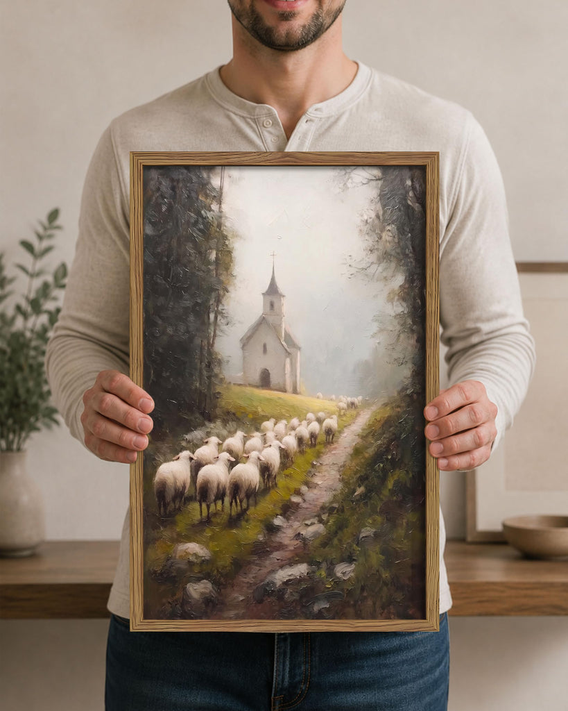 Framed Christian Sheep Wall Art, Vintage Country Church Landscape Wall Decor Painting Picture, Rustic Pastoral Lamb