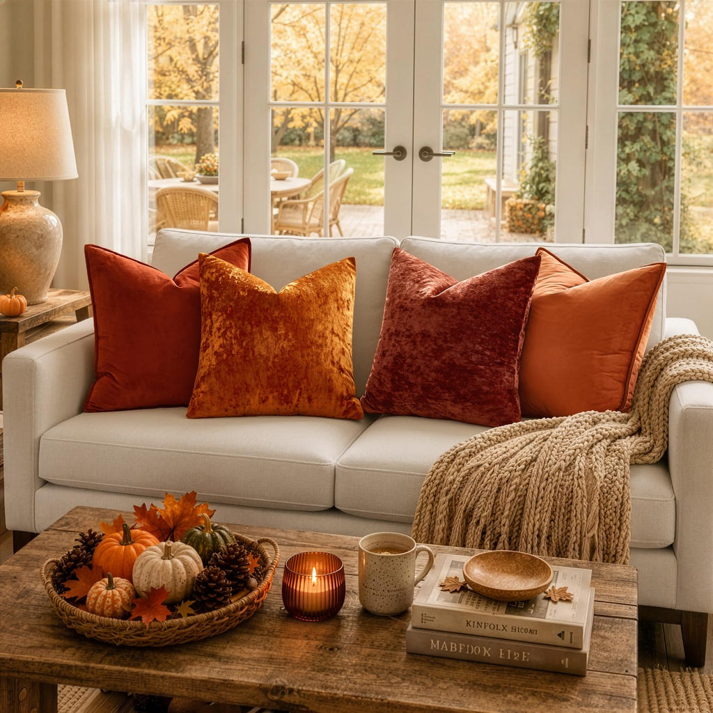 Fall Velvet Throw Pillow Covers Burnt Orange 20x20 inch Set of 2