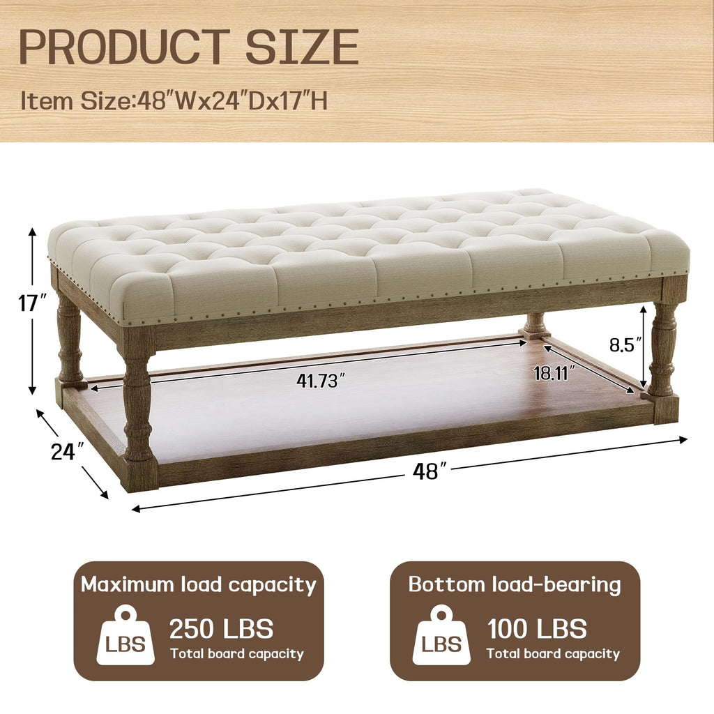 48" Large Ottoman with Storage Coffee Table, Upholstered Tufted Linen Ottoman Bench with Solid Wood Shelf, Holds