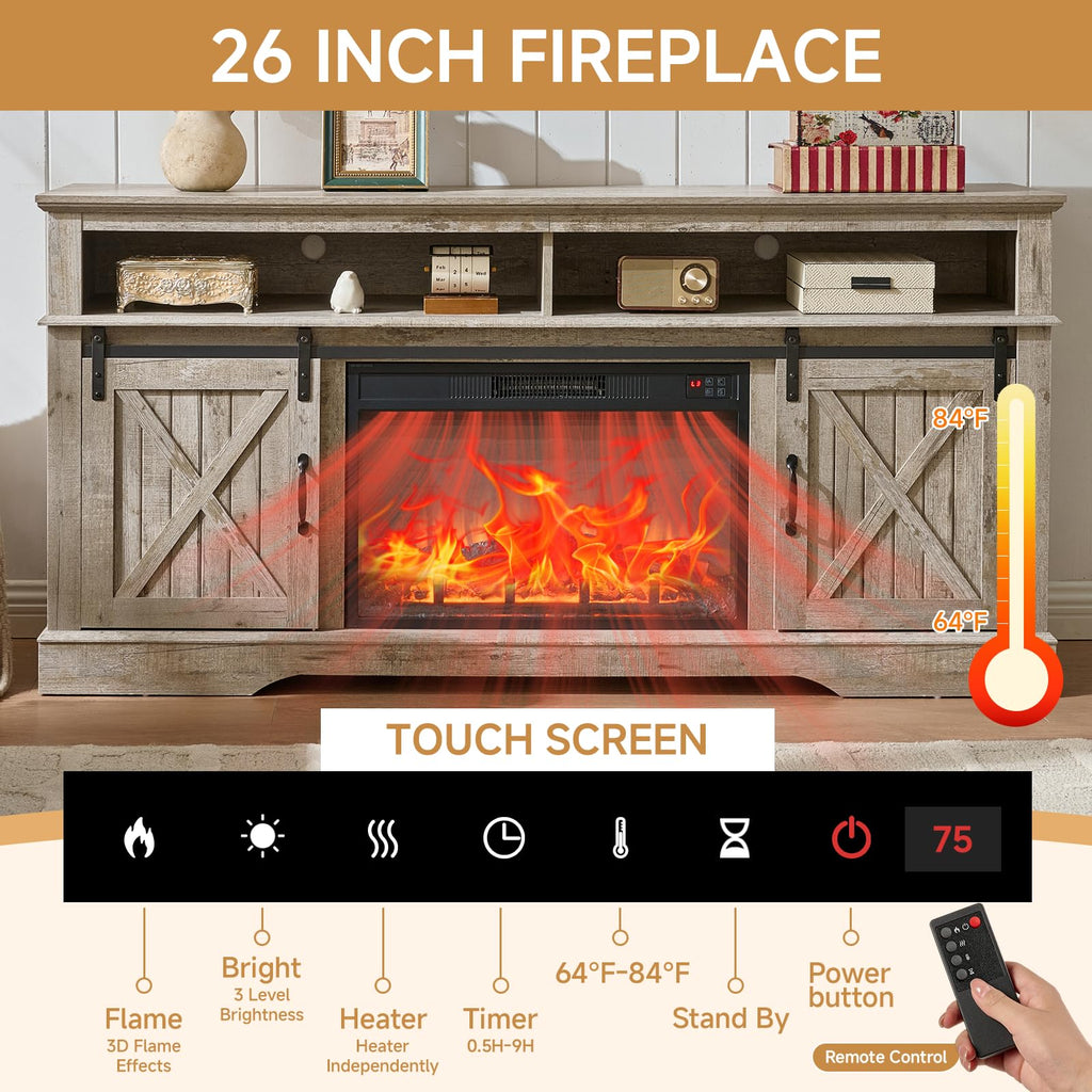 66 Inch Electric Fireplace TV Stand, Grey Farmhouse Media Console with Sliding Barn Doors, Entertainment Center with