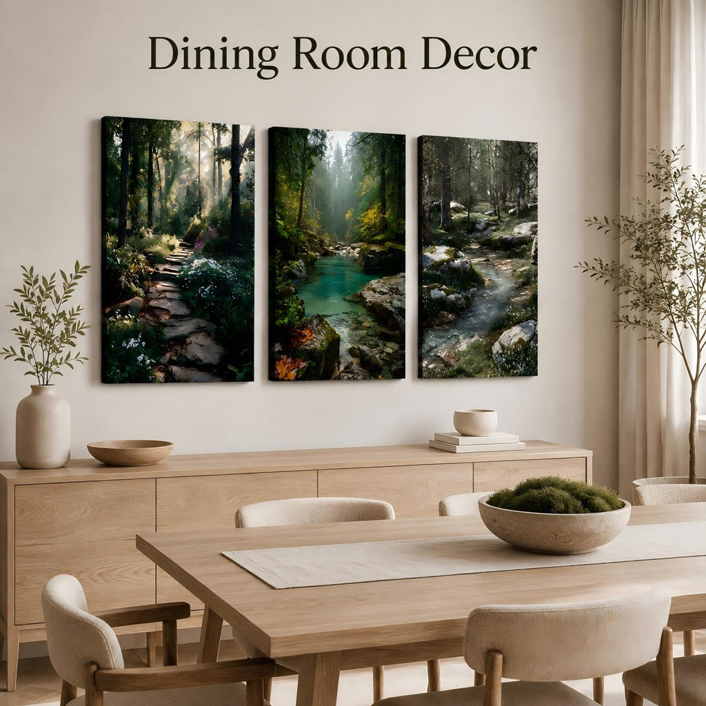 Natural Landscape Framed 3‐Panel Canvas Wall Art, Serene Woodland Path With Turquoise Creek And Wild Plants Canvas
