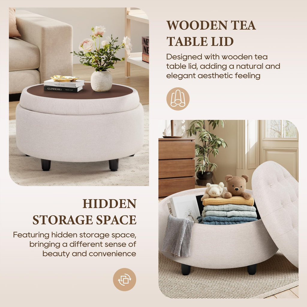 Round Hidden Storage Ottoman with Reversible Tray Lid - Multi-Functional Footrest, Sturdy & Stylish Fabric Coffee