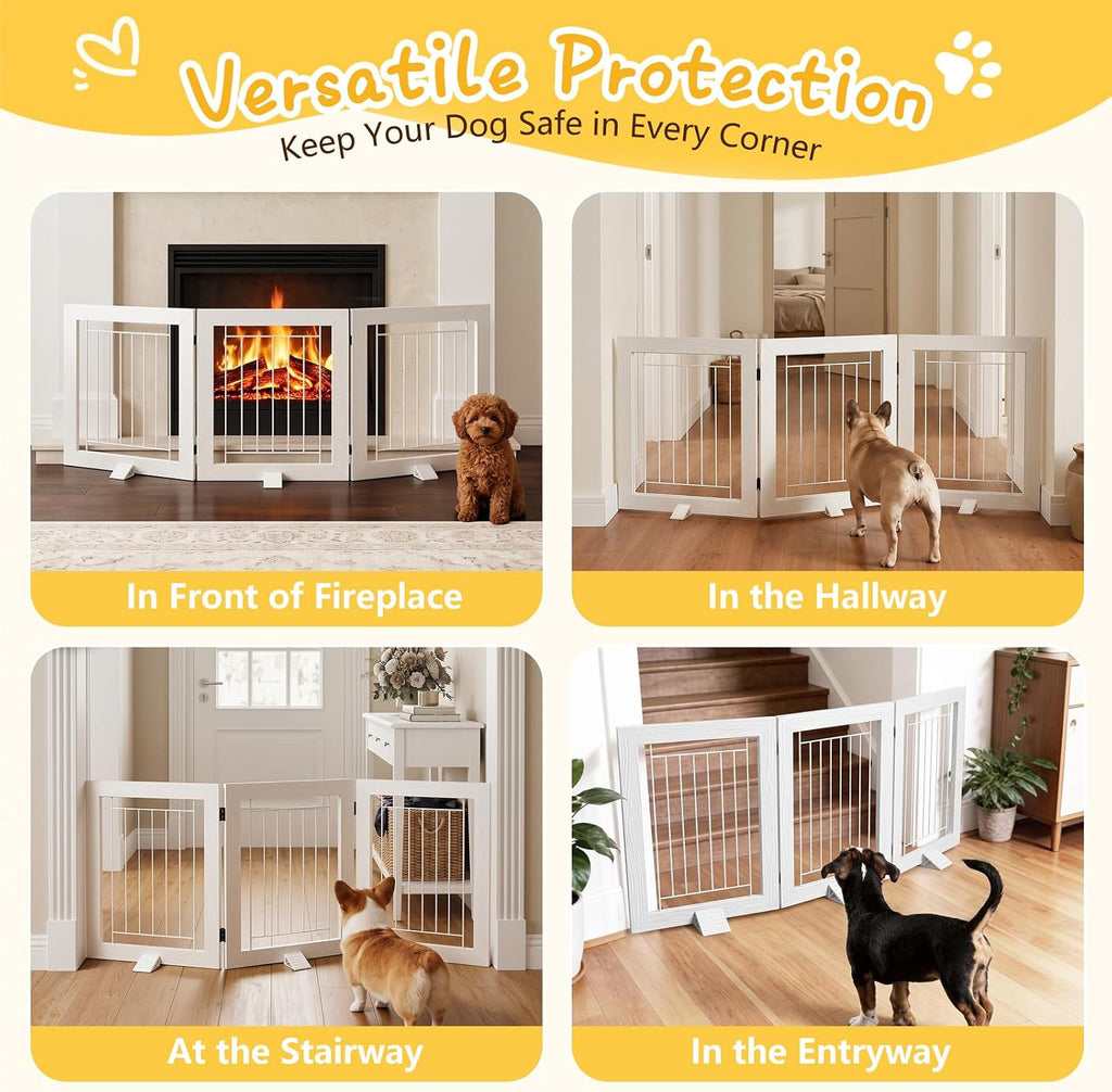 Dog Gate Indoor, Freestanding Dog Fence, 59x24-Inch Wooden Pet Gate for Dogs, 3-Panel Puppy Gates for Doorways