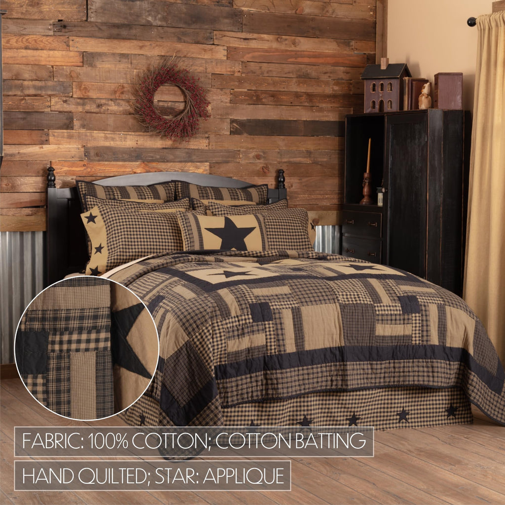 Black Check Star 2 Piece Quilt Set Country Rustic Primitive Design, Black and Tan