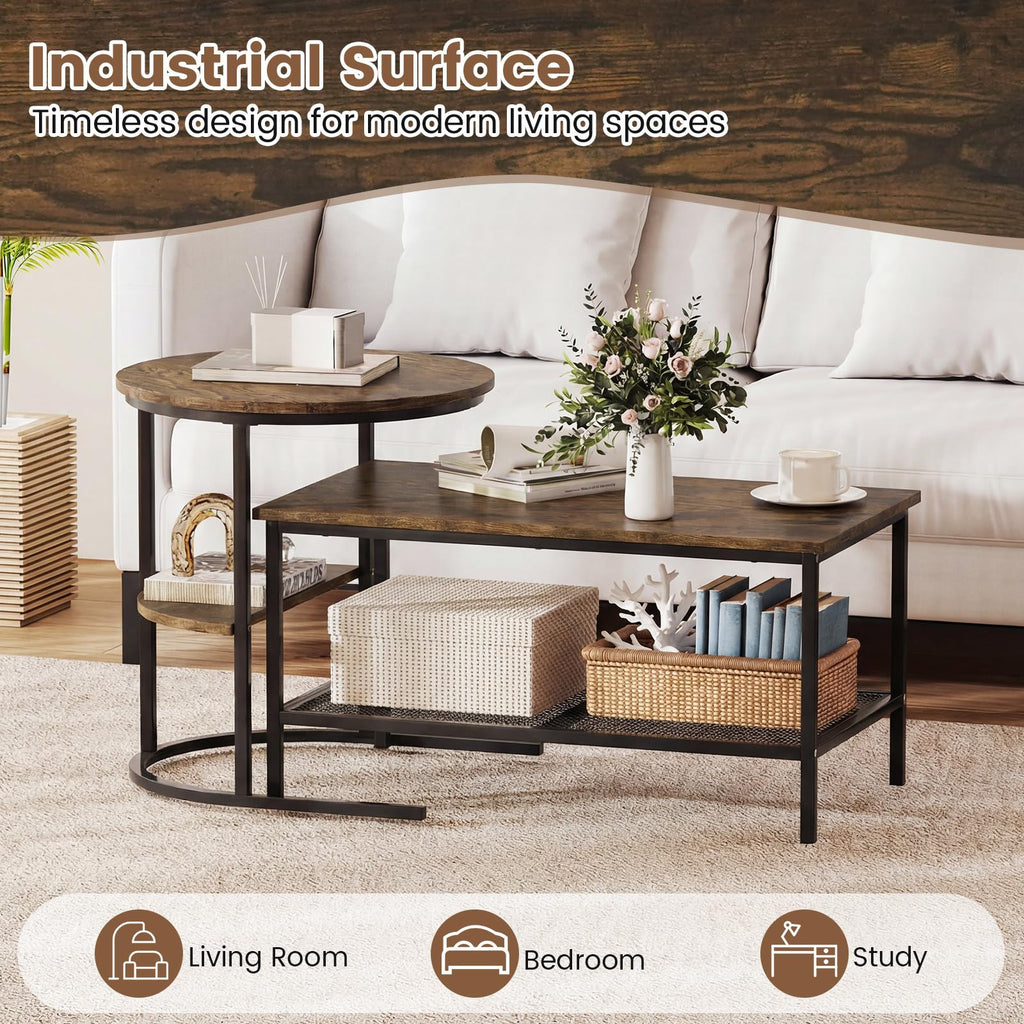 Nesting Coffee Set of 2, Detachable Rectangular & Round Set w/Wood Grain, Sturdy Golden Metal Frame, Modern Stacking