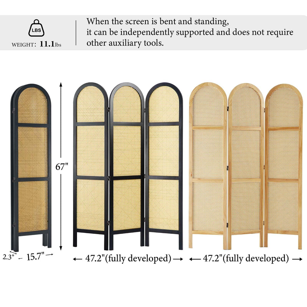 Room Divider and Folding Privacy Screens, Pine Wood 5.6 Ft Double Hinged Rattan Partition Freestanding Wall Room