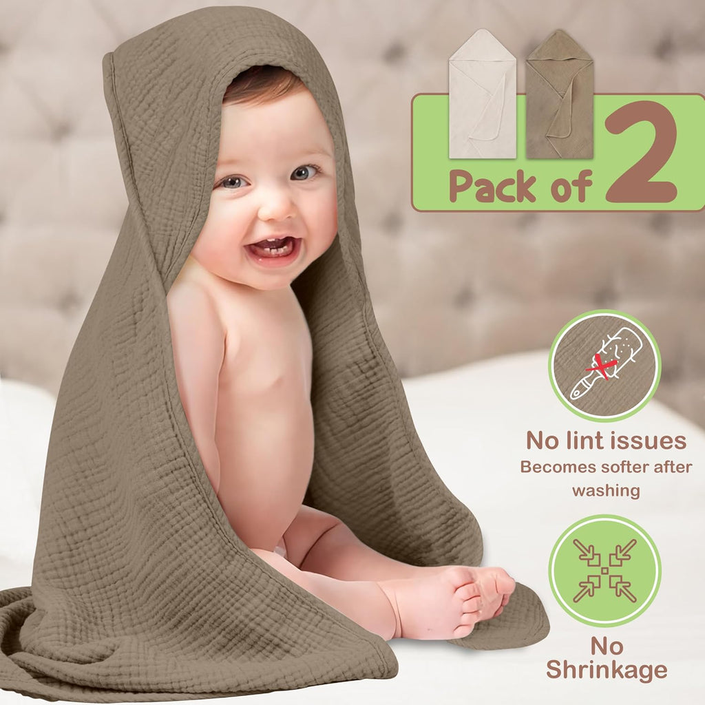 100% Organic Cotton 2 PK Muslin Baby Hooded Towel Toddler 32x32
