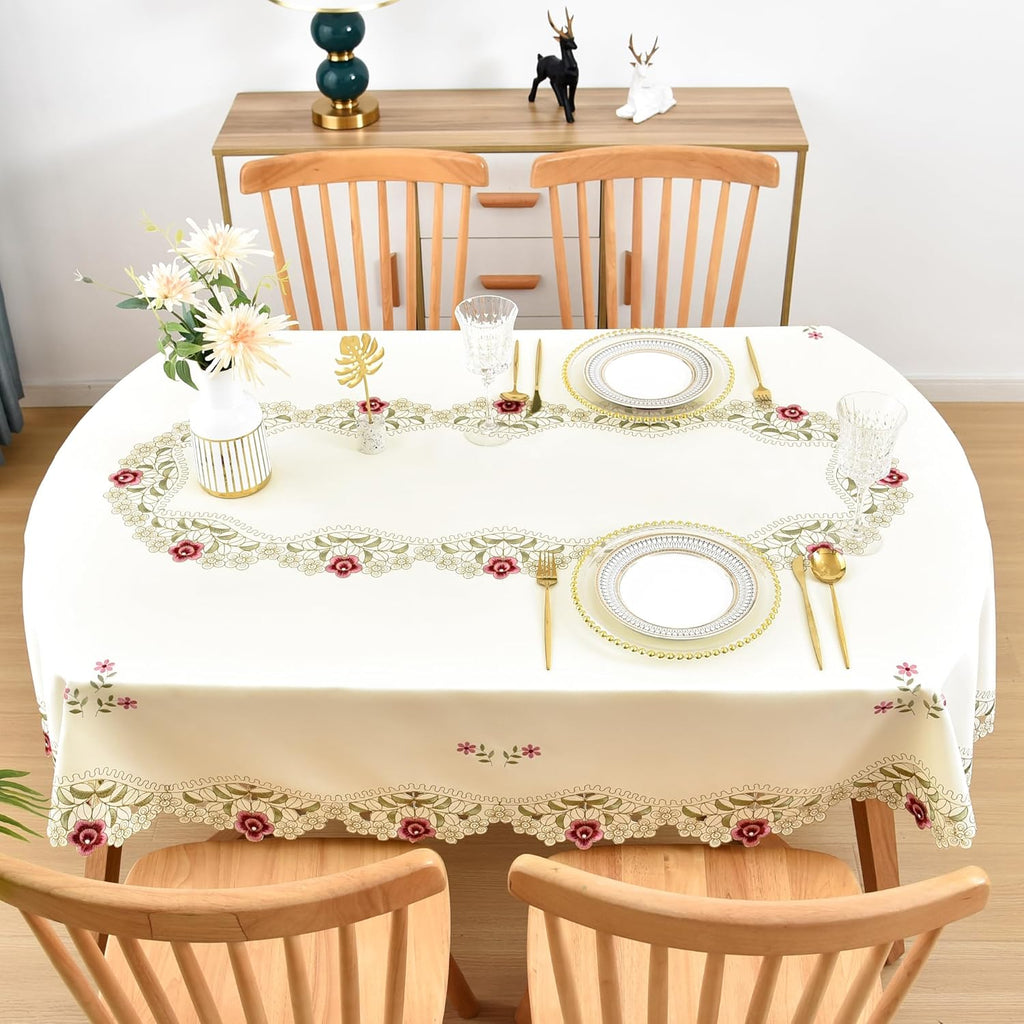 Jacquard Floral Oval Tablecloth Little Rose Embroidered Lace Beige Table Cover Dining Kitchen Decor 