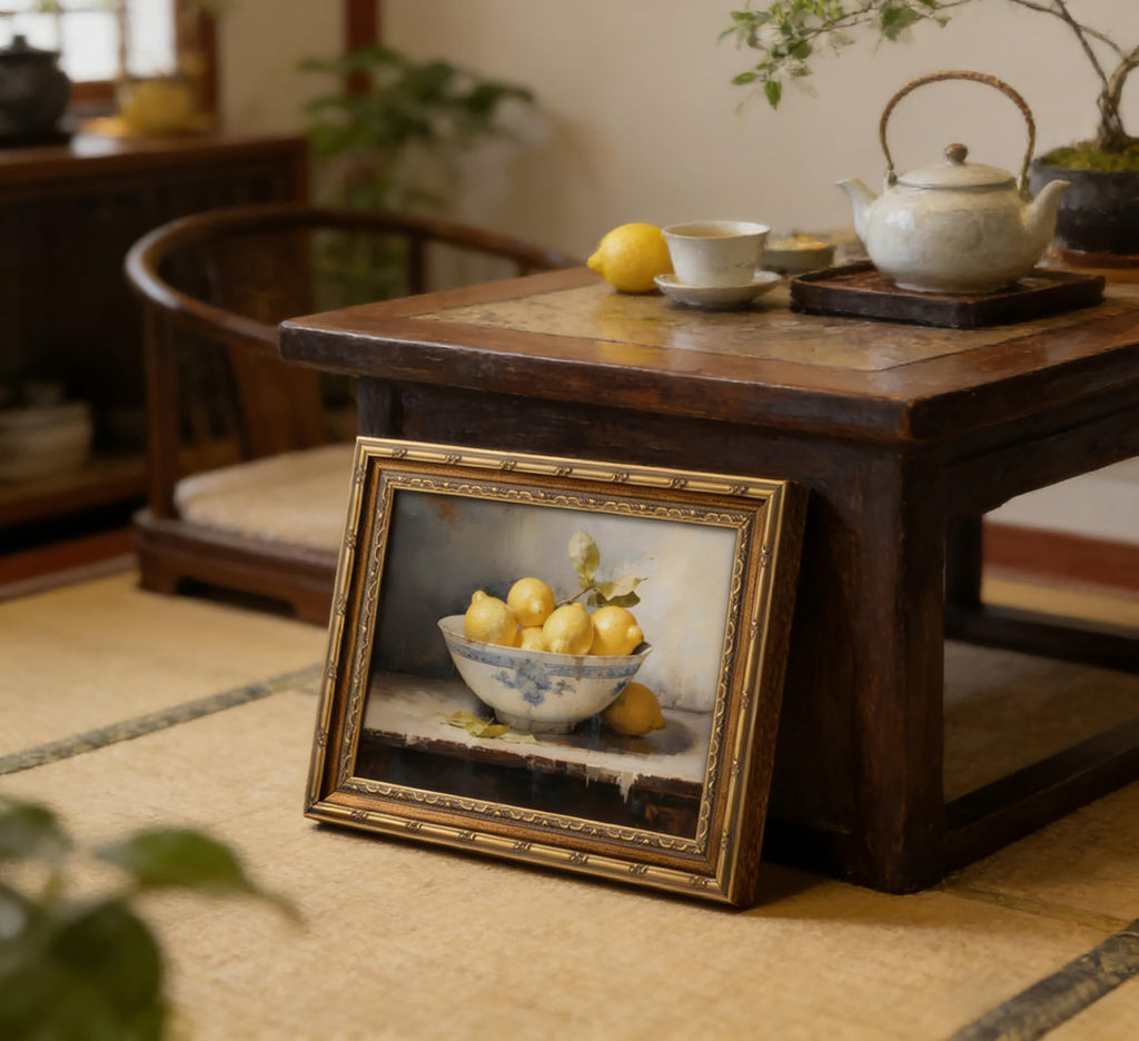 Vintage Gold Framed Kitchen Wall Art Retro Rustic Farmhouse Painting Canvas Picture Wall Decor Yellow Lemon Still