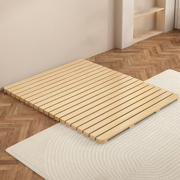 Folding Wooden Bed Frame, Floor Platform Bed with Roll-Up Slatted Base, Natural Solid Wood Tatami Futon Frame