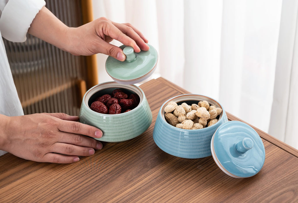 Small Kitchen Ceramic Canister Storage Jar with Lid Blue(ICE)