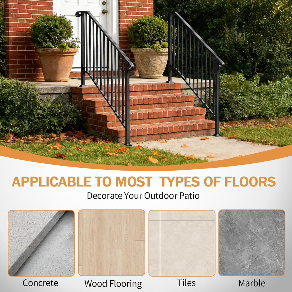 Handrails for Outdoor Steps, Black Wrought Iron Handrail Fits 4 or 5 Steps, Transitional Handrail with Installation