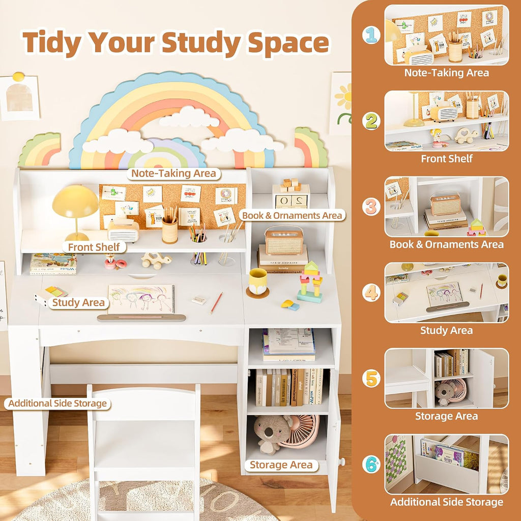 43In Kids Study Desk with Chair, Tiltable Desktop Kids Desk and Chair Set with Storage, Wooden Study Table for 5-12