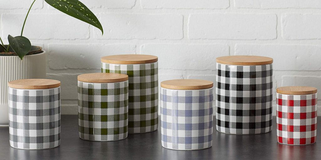 Ceramic Canister Sets for the Kitchen Food Safe Storage Containers with Lids, Large, Medium & Small, Buffalo Check