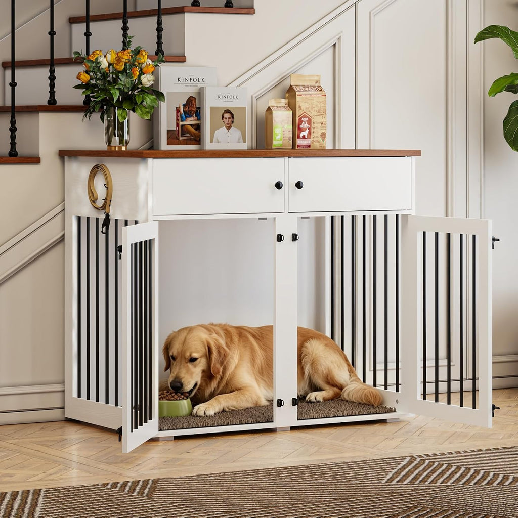 Dog Crate Furniture for 2 Dogs, 41 Inch Double Dog Cage, White