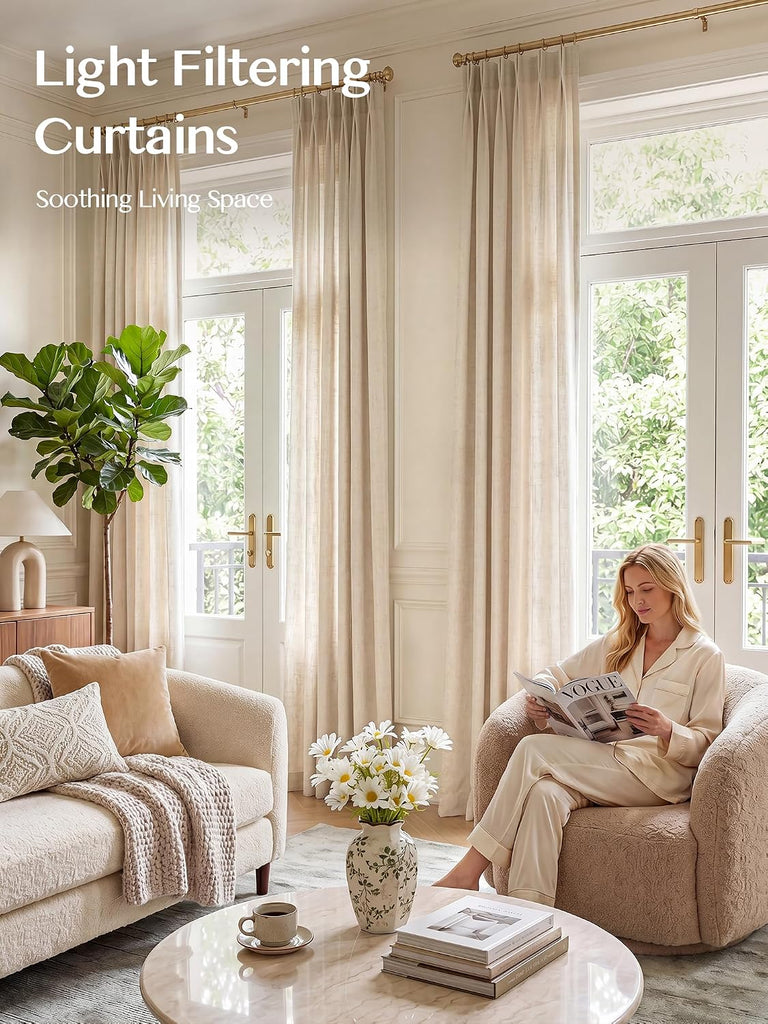 Liz Sheer Pinch Pleated Linen Curtains (Set of 2 Panels) 102 Inches Long - Light Filtering Pleat Curtains, Window Curtains, Luxury