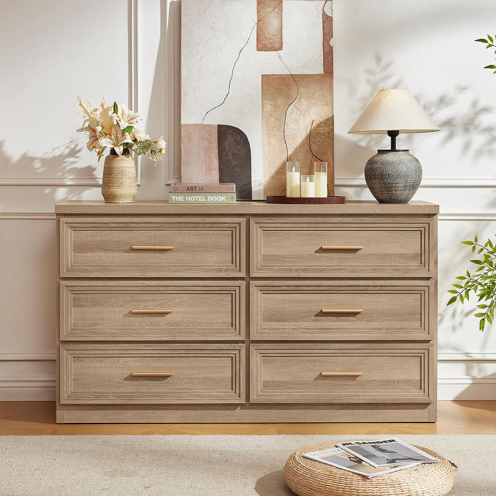 55.1" Wide Farmhouse 6 Drawers Dresser, Oak