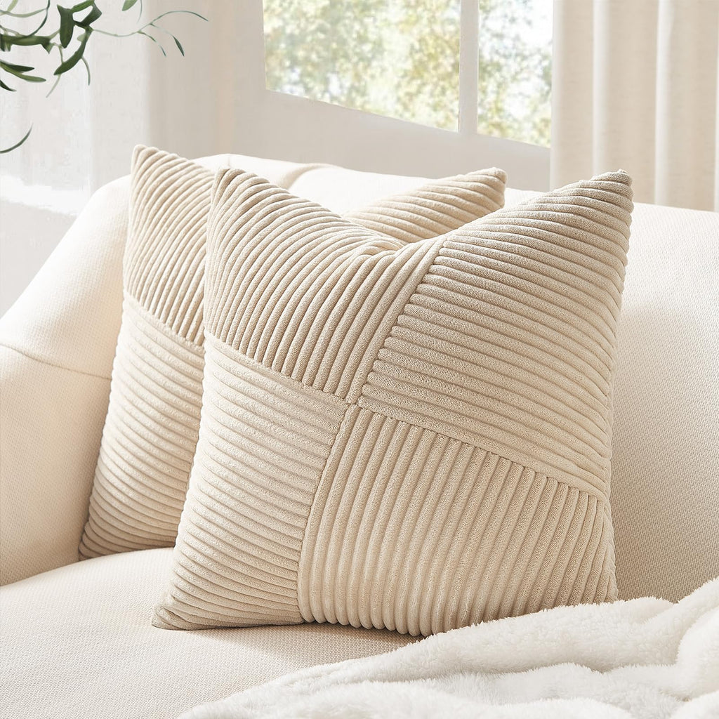 22x22 Pillow Covers Set of 2, Windmill Textured Striped Patchwork Tan Decorative Throw Pillow Covers Soft Corduroy