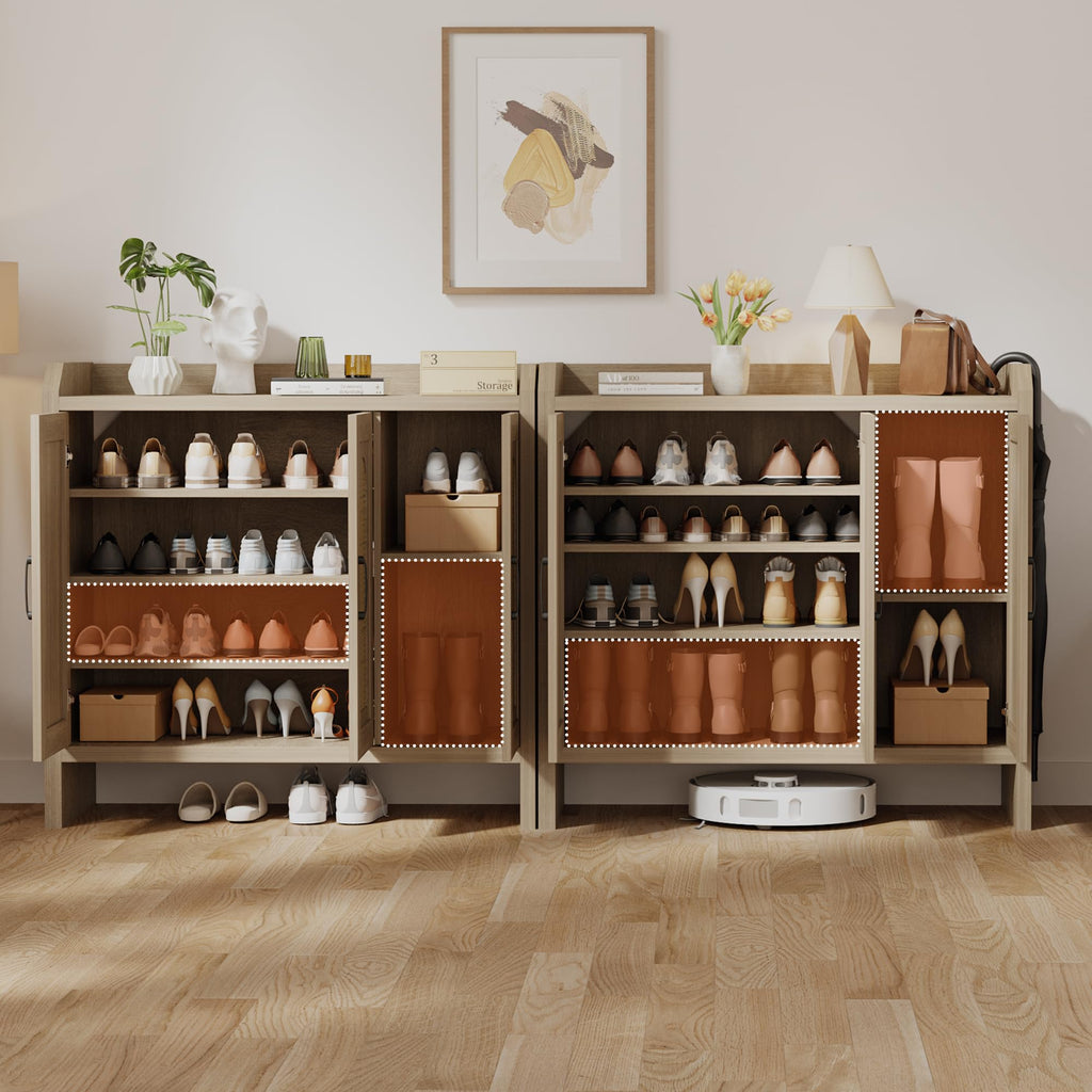 5-Tier Rattan Shoe Cabinet with Doors, 1.2" Thick Hidden Shoe Rack, Oak