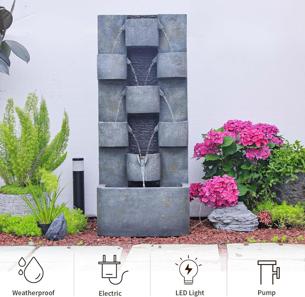 44.8" H Modern Outdoor Water Fountain with LED Lights and Pump, Mutiply-Tier Standing Cascading Waterfall
