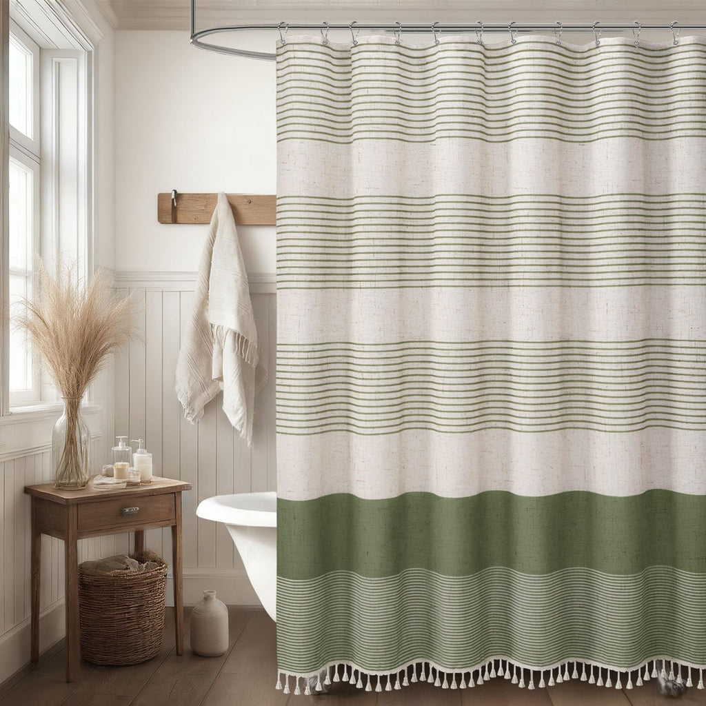 Sage Green Boho Linen Striped Shower Curtain with Tassel 72"W X 72"L