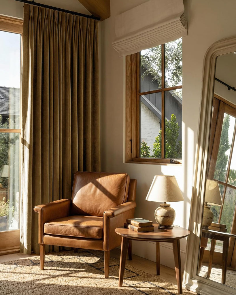 Pinch Pleated Curtains, Luxury Gold Brown Velvet Bedroom Curtains with Adjustable Hooks Back Tab Thermal Insulated