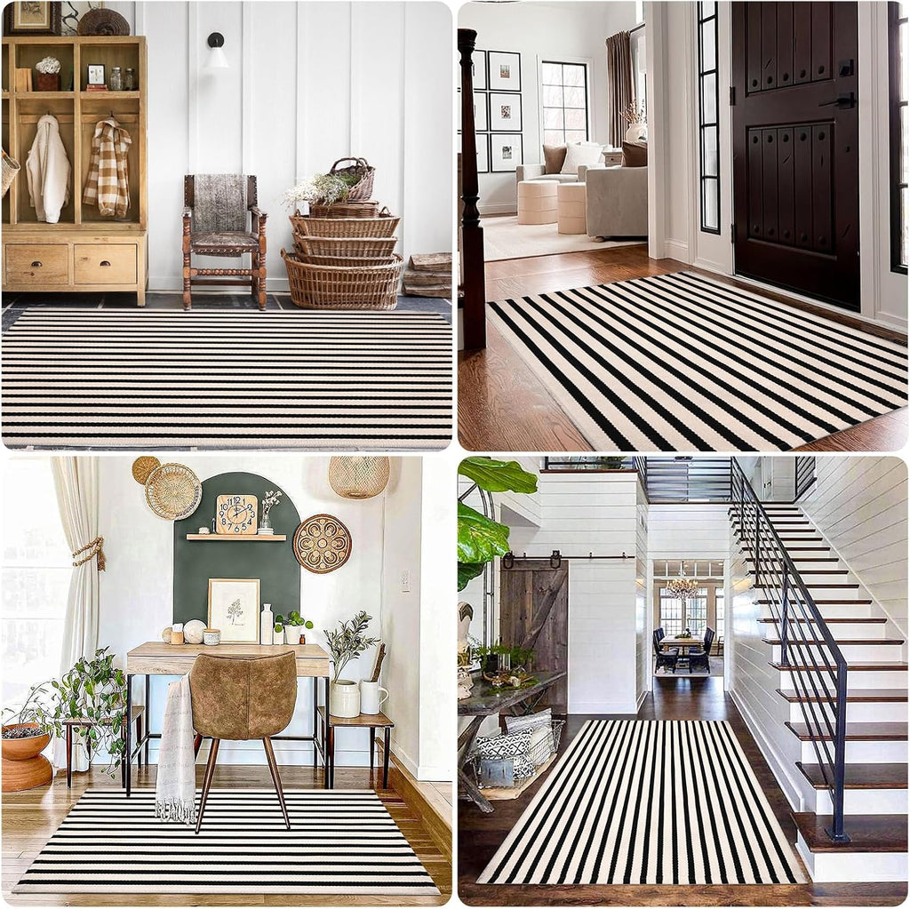 Black and Ivory Striped Area Rug, Cotton Woven Farmhouse Rug and Covered Porch, Reversible Washable Modern