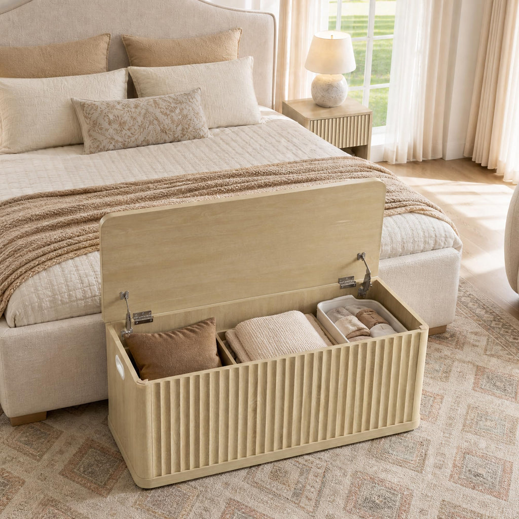 Storage Bench 40.2" Wide Shoe Bench with Lift Top Large Wooden Storage Chest Trunk Modern Blanket Chest with 2 Safety