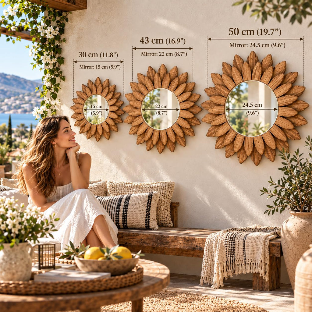 Sunburst Mirror, Solid Wood Boho Wall Mirror with Rustic Natural Brown Finish, Decorative Round Accent Mirror