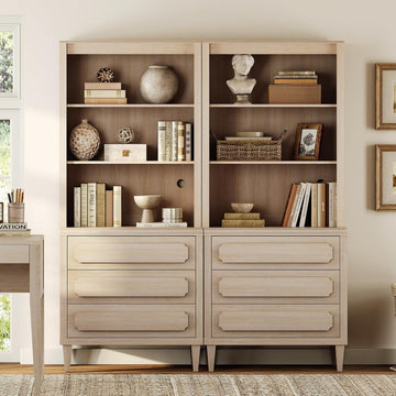 72.8" Tall Bookshelf with Drawers, 5 Tier Large Bookcase, Beige | Mid Century Modern Wood Book Shelf with Storage