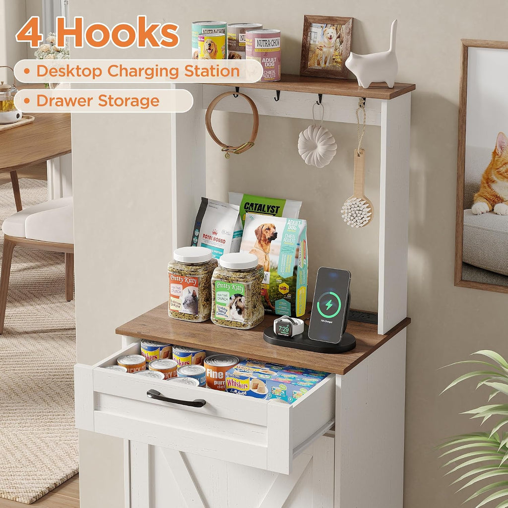 Tilt Out Trash Can Cabinet with Dog Bowl and Drawer, 13 Gallons Hidden Trash Cabinet with Charging Station, Storage