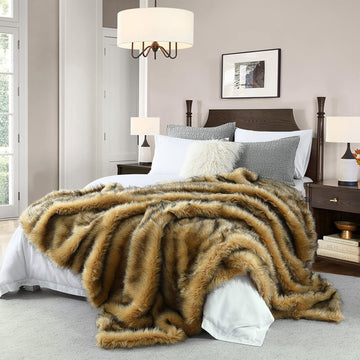 Plush Faux Fur Blanket King Size, Long Pile Golden Yellow with Black Tips Throw, Oversized Super Warm, Fuzzy