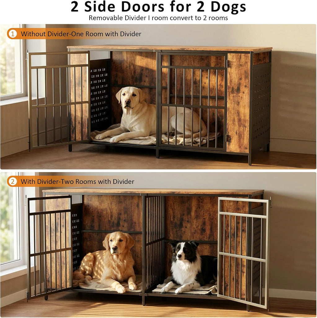 Dog Kennel Furniture for 2 Dogs - 63" Large Cage Extra Sturdy XXL Metal & Wooden Medium Double Dog Crate
