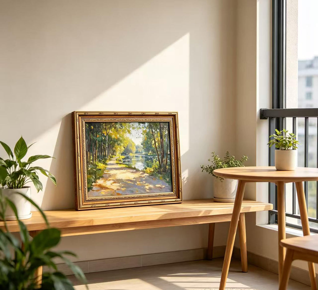 Vintage Gold Framed Canvas Wall Art Sunshine Forest Impressionist Landscape Painting Picture Wall Decor Spring Summer
