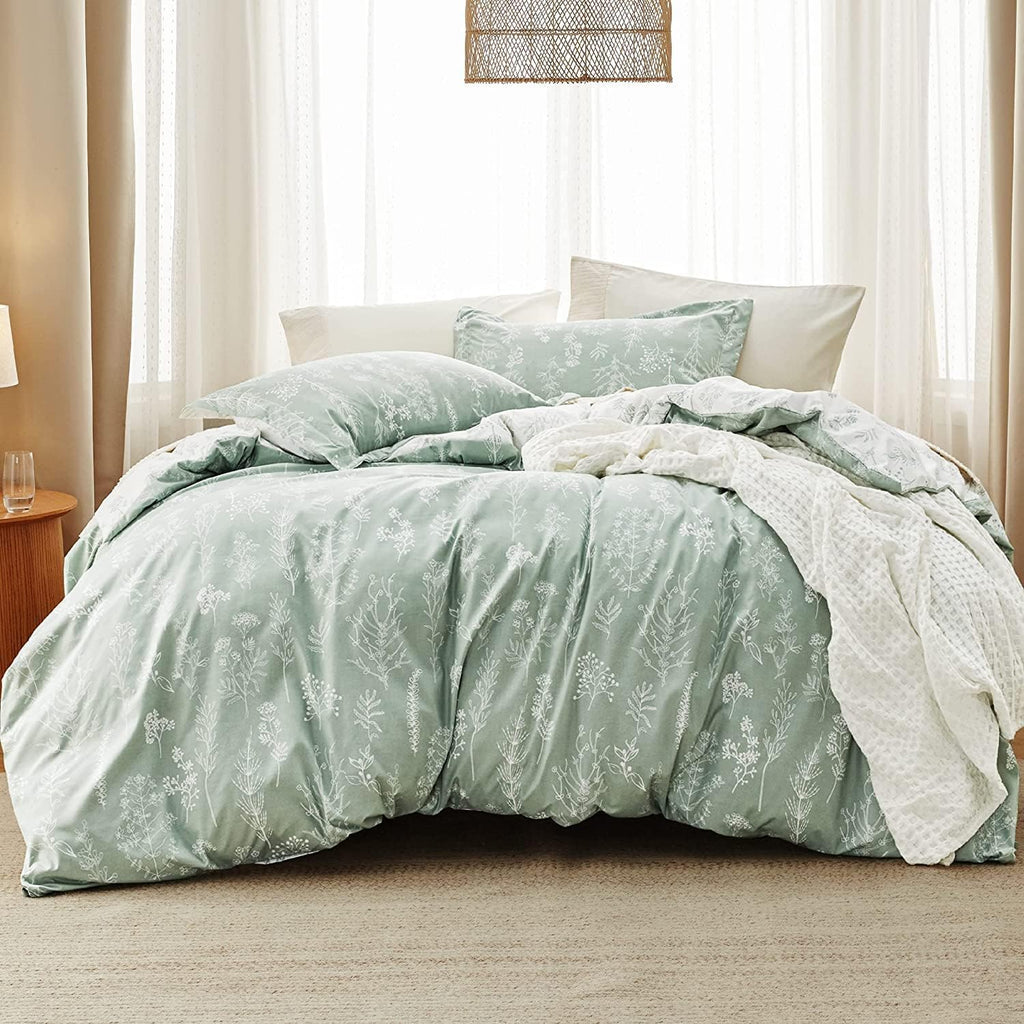 Queen Comforter Set - Sage Green Bed Set, 3 Pieces Cute Floral Bedding