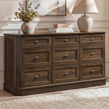Farmhouse 9 Drawers Walnut Dresser, 63.07" Wide Chest of Drawers w/Charging Station & Vintage Beveled Design, Wood