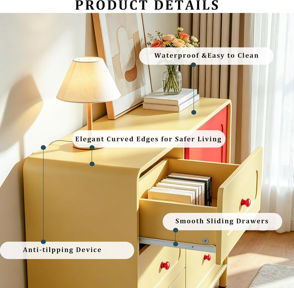Yellow and Red 5 Drawer Dresser with Large Drawers Curved Edges | Modern Wooden 43.3" Wide Dressers, Storage