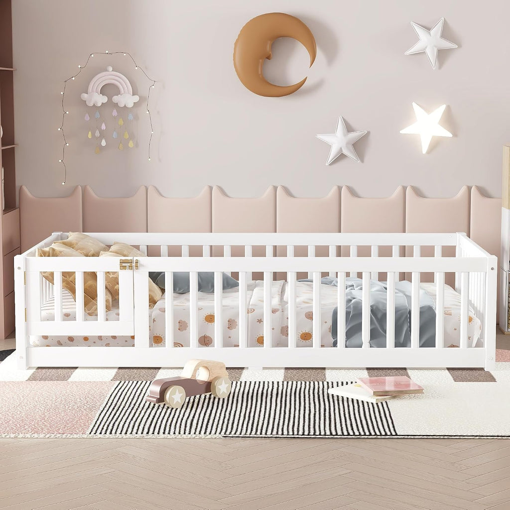 Twin Size Montessori Bed with High Fence and Guardrail, Solid Wood Floor Bed Frame for Kids Boys Girls, White