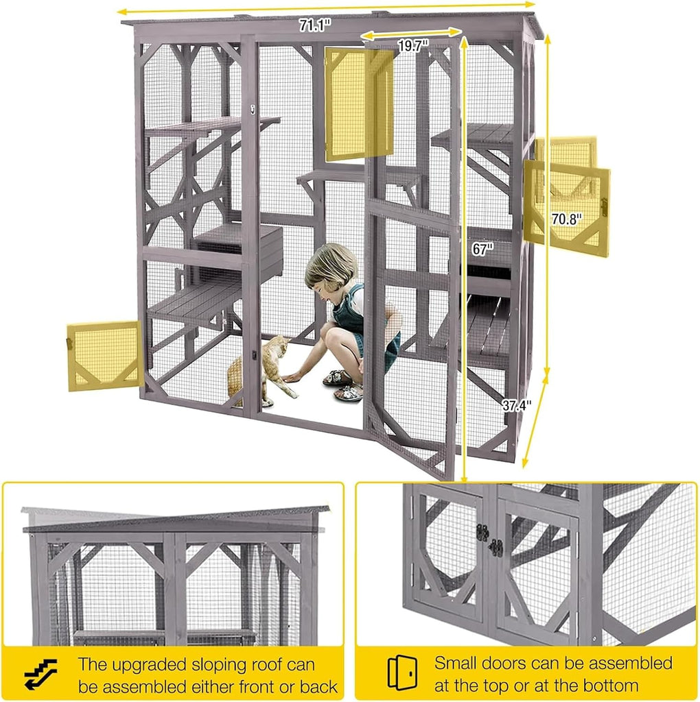 Catio Outdoor Cat Enclosure with 7 Platforms, 2 Resting Boxes, Large Window Cat House for 6-8 Mulitiple Cats Walk