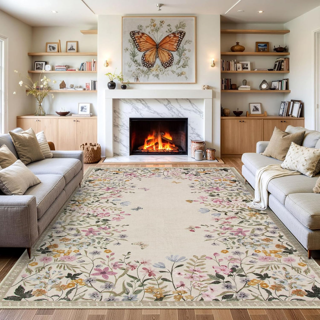 Washable 6x9 Area Rugs, Large Living Room Rug, Non-Slip Soft Floral Rugs for Bedroom, Botanical Area Rug Carpet for