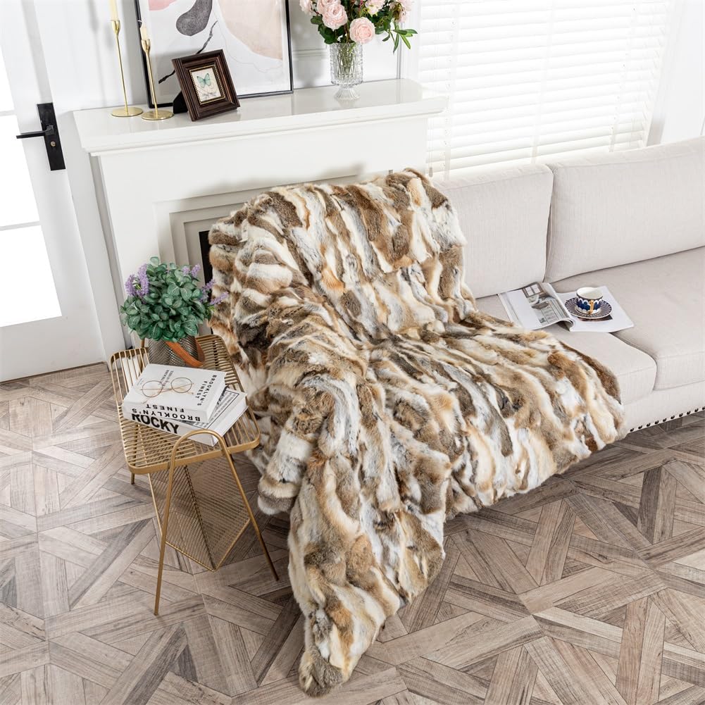 Real Fur Blanket Throw for Couch Tan Fur Throw Blanket Fuzzy Fluffy Super Soft Furry Plush Decorative Comfy Shag