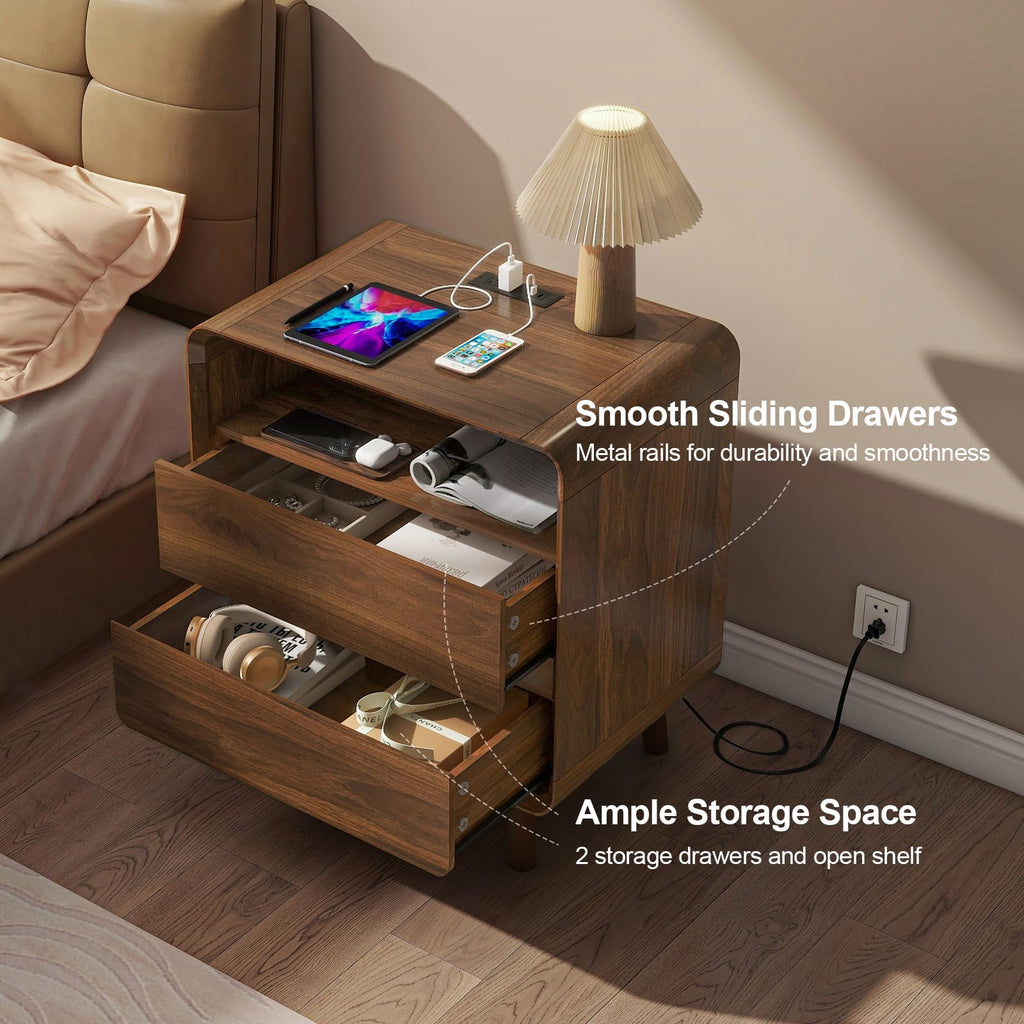 Night Stand with Charging Station, 23.7'' Wide Side Table Bedroom Nightstand with Drawers, Mid Century Modern Bedside